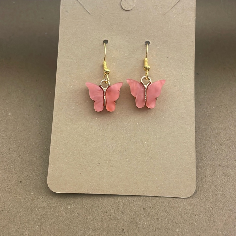 Pink and gold butterfly earrings homemade with plastic backings
